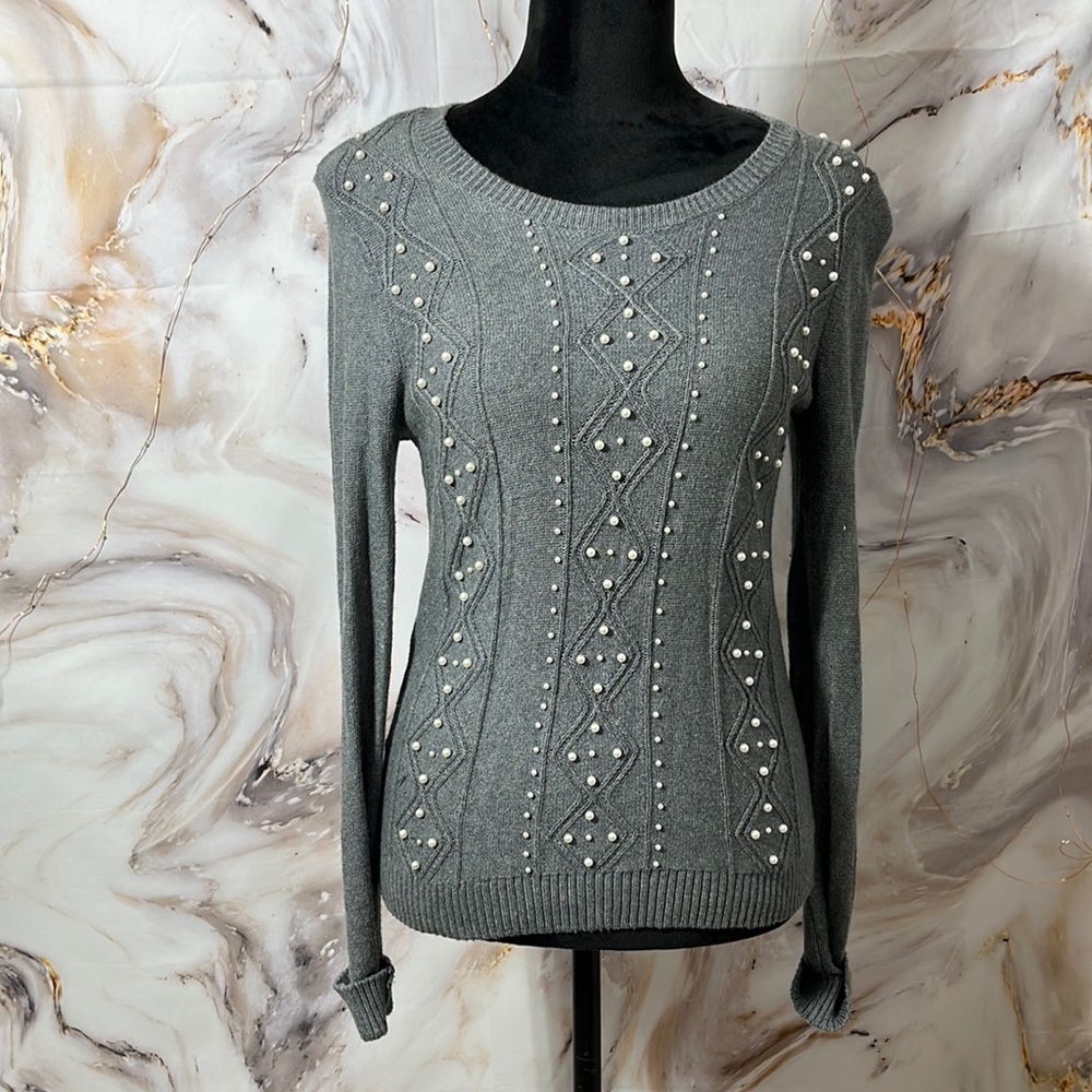 The Loft Outlet Gray Cable Knit Sweater with Pearls Long Sleeve Sz S